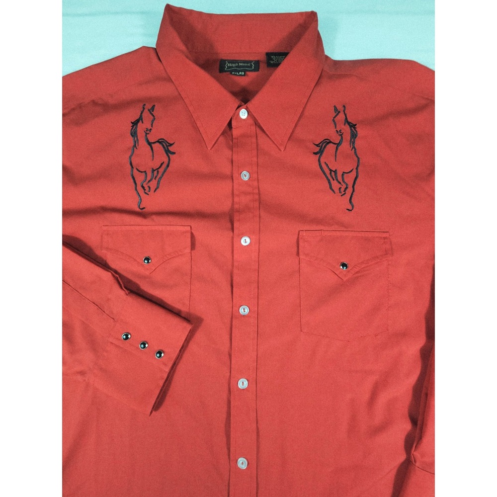 Vintage High Noon Mens 3XL Red Western Shirt Horse Embroidery Long Sleeve